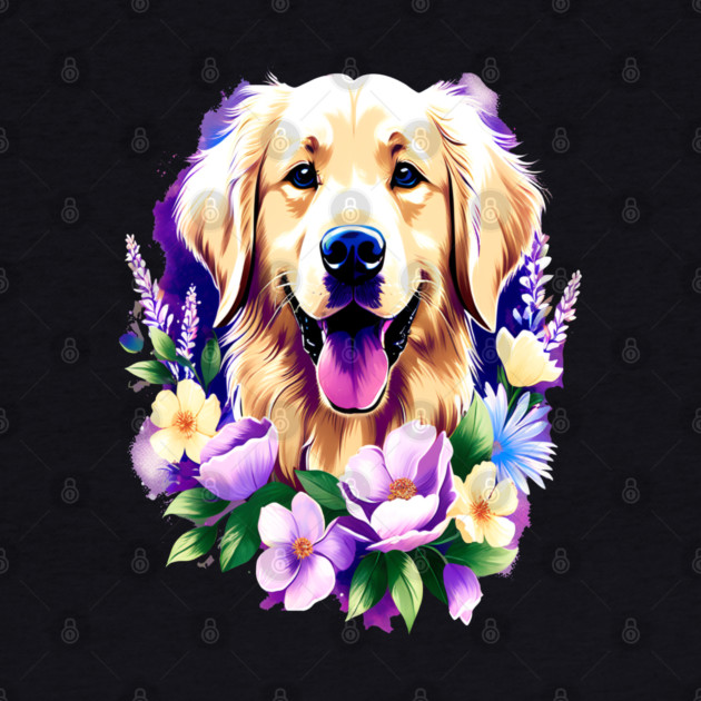 Cute Golden Retriever Surrounded by Beautiful Flowers by BirdsnStuff