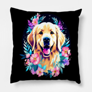 Golden Retriever Dog with Colorful Flowers Art Pillow