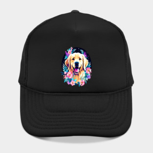 Golden Retriever Dog with Colorful Flowers Art Hat