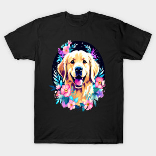 Golden Retriever Dog with Colorful Flowers Art T-Shirt