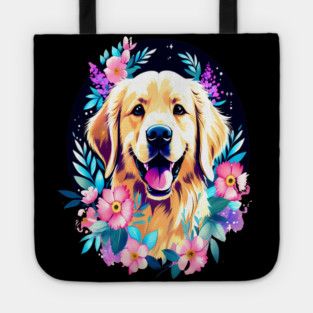 Golden Retriever Dog with Colorful Flowers Art Tote