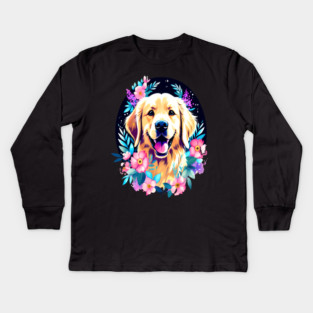 Golden Retriever Dog with Colorful Flowers Art Kids Long Sleeve T-Shirt