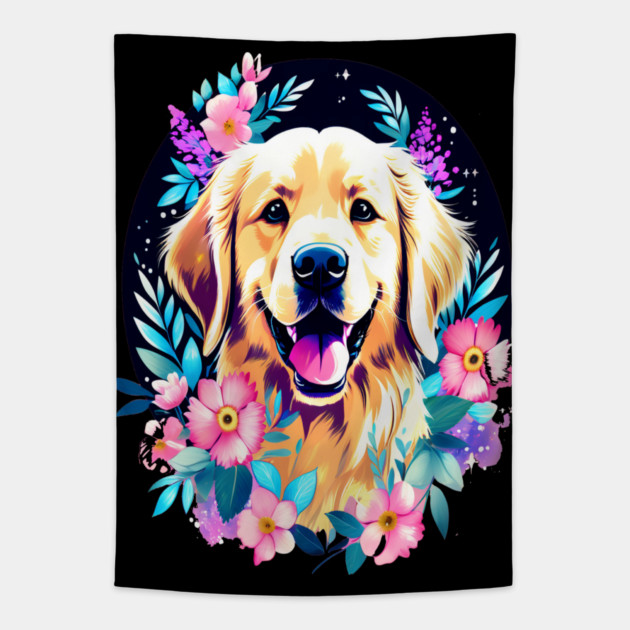 Golden Retriever Dog with Colorful Flowers Art Tapestry by BirdsnStuff