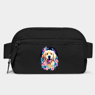 Golden Retriever Dog with Colorful Flowers Art Bag