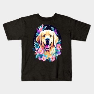 Golden Retriever Dog with Colorful Flowers Art Kids T-Shirt