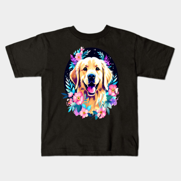 Golden Retriever Dog with Colorful Flowers Art Kids T-Shirt by BirdsnStuff
