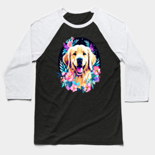 Golden Retriever Dog with Colorful Flowers Art Baseball T-Shirt