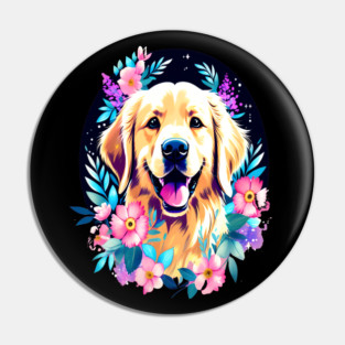 Golden Retriever Dog with Colorful Flowers Art Pin