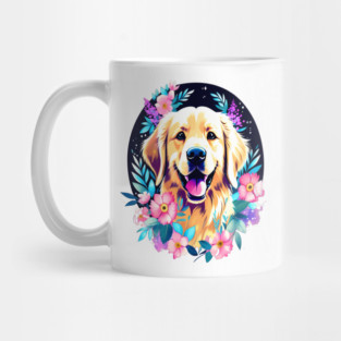 Golden Retriever Dog with Colorful Flowers Art Mug