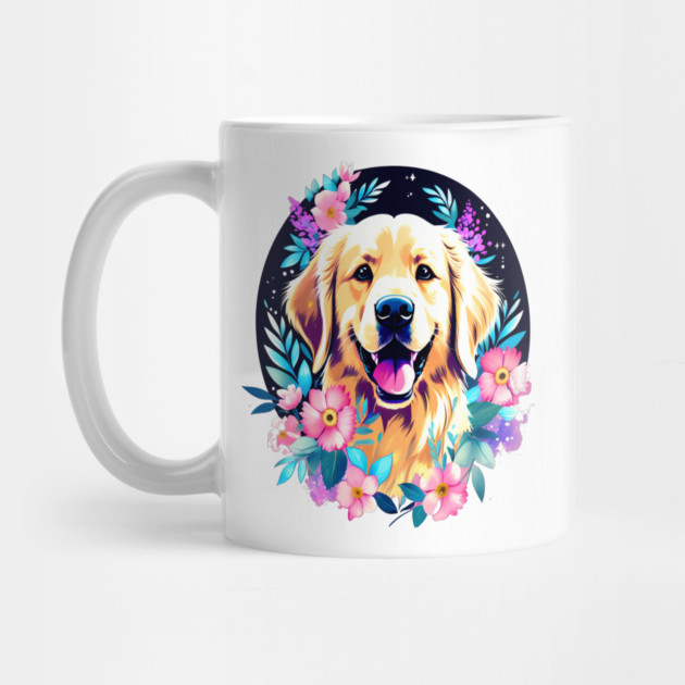 Golden Retriever Dog with Colorful Flowers Art by BirdsnStuff