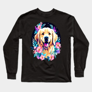 Golden Retriever Dog with Colorful Flowers Art Long Sleeve T-Shirt