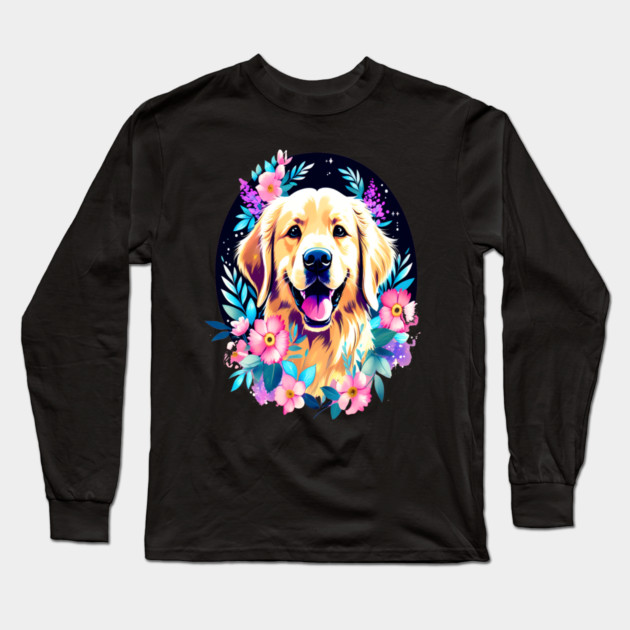 Golden Retriever Dog with Colorful Flowers Art Long Sleeve T-Shirt by BirdsnStuff