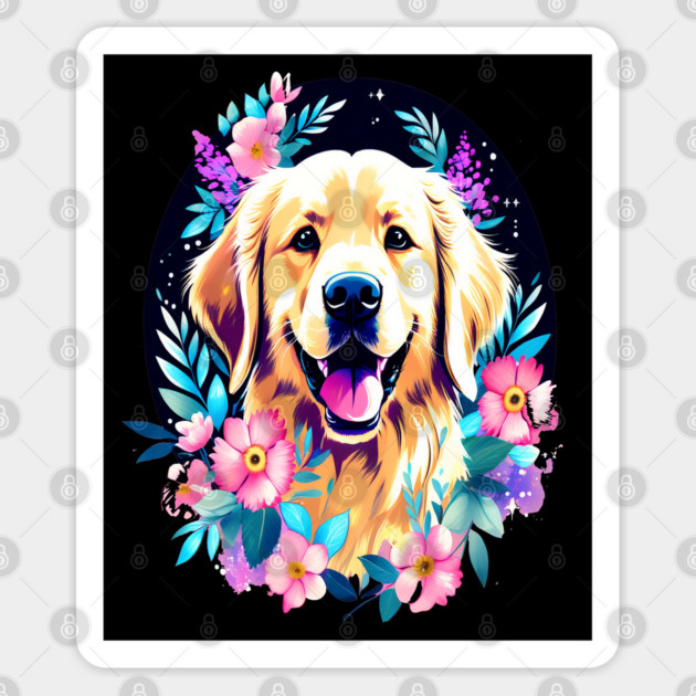 Golden Retriever Dog with Colorful Flowers Art Sticker by BirdsnStuff