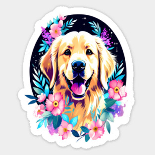 Golden Retriever Dog with Colorful Flowers Art Magnet