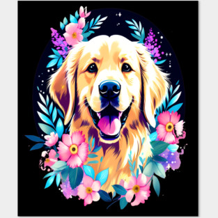 Golden Retriever Dog with Colorful Flowers Art Posters and Art