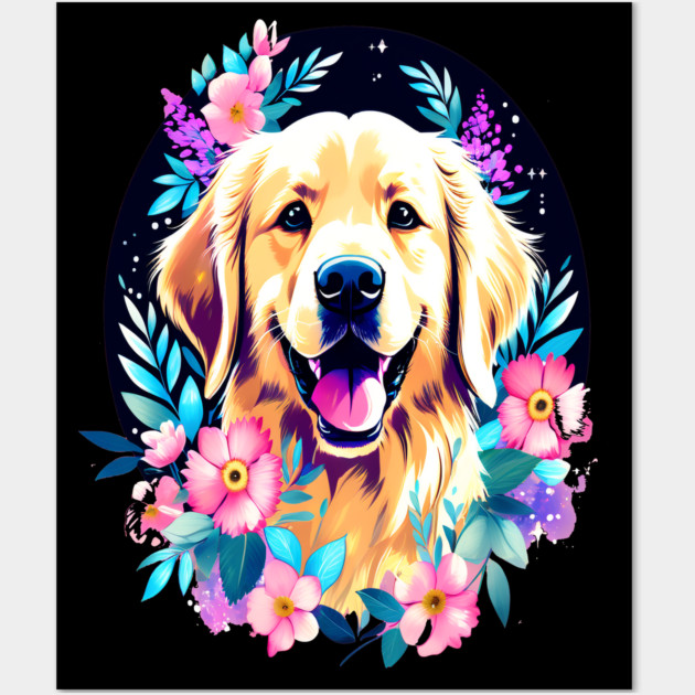 Golden Retriever Dog with Colorful Flowers Art Wall Art by BirdsnStuff