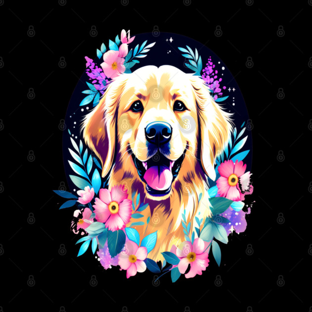 Golden Retriever Dog with Colorful Flowers Art by BirdsnStuff