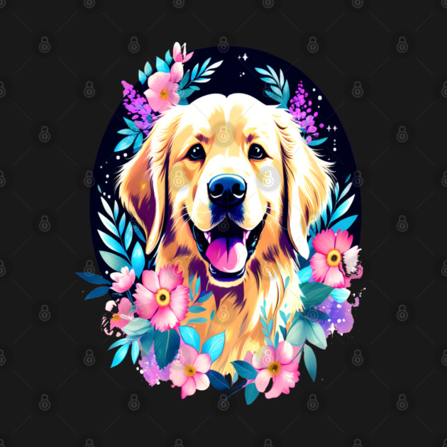 Golden Retriever Dog with Colorful Flowers Art by BirdsnStuff