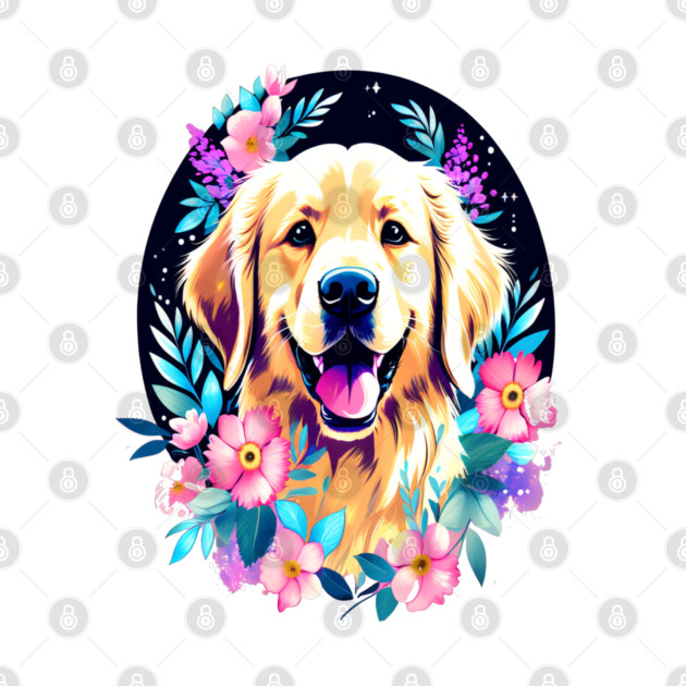 Golden Retriever Dog with Colorful Flowers Art by BirdsnStuff