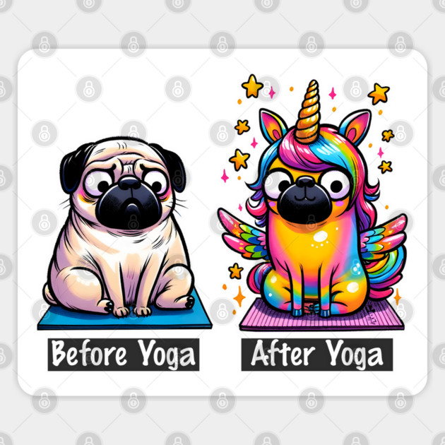 Pug Before and After Yoga Funny Meditation design Sticker by Luxinda
