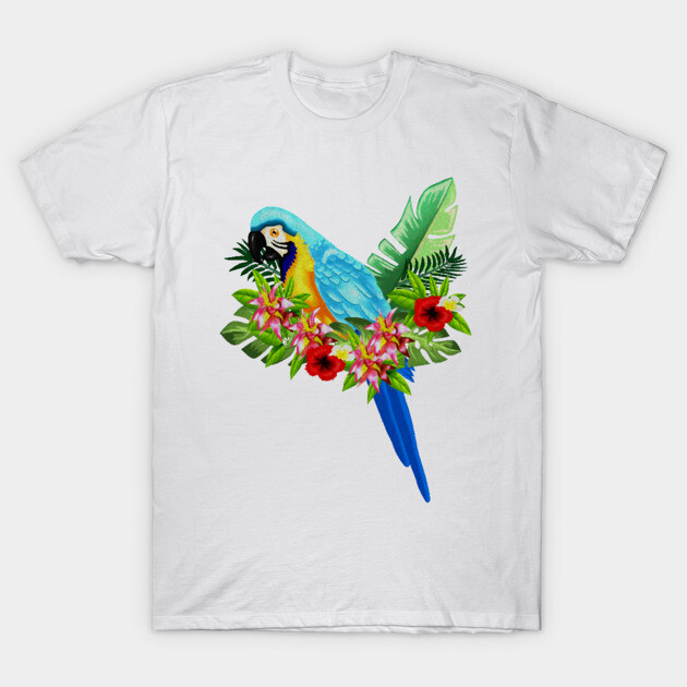 Blue Tropical Parrot Floral T-Shirt by logiamerch