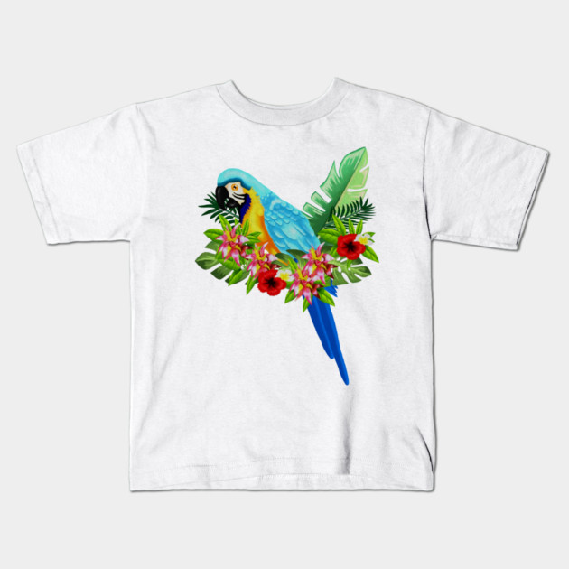Blue Tropical Parrot Floral Kids T-Shirt by logiamerch
