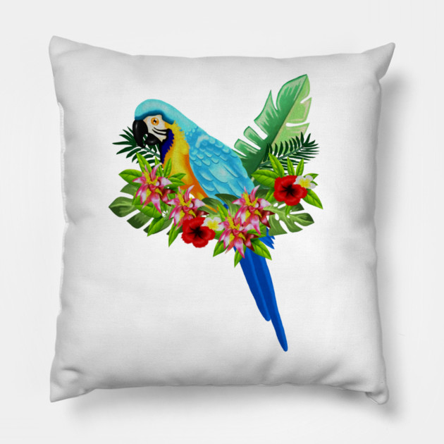 Blue Tropical Parrot Floral Pillow by logiamerch