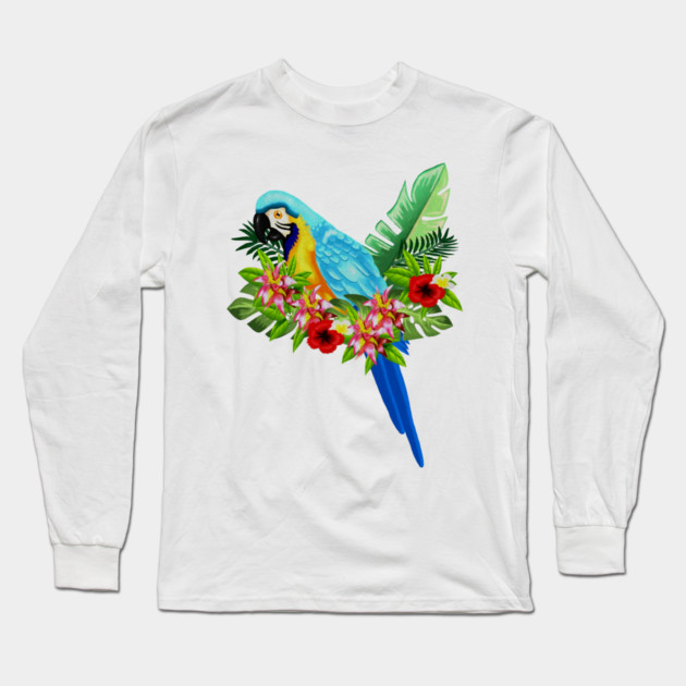 Blue Tropical Parrot Floral Long Sleeve T-Shirt by logiamerch