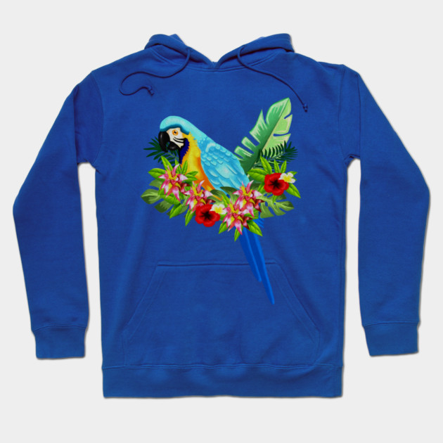 Blue Tropical Parrot Floral Hoodie by logiamerch