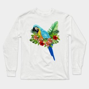 Blue Tropical Parrot Floral Long Sleeve T-Shirt