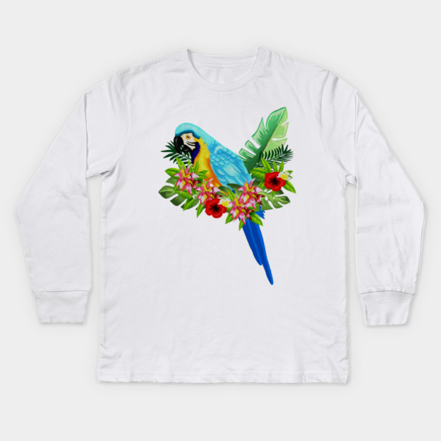 Blue Tropical Parrot Floral Kids Long Sleeve T-Shirt by logiamerch