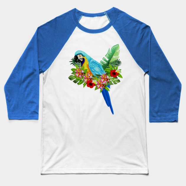 Blue Tropical Parrot Floral Baseball T-Shirt by logiamerch