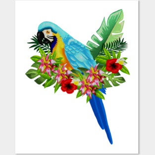 Blue Tropical Parrot Floral Posters and Art