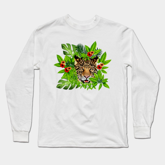 Leopard Face Tropical Long Sleeve T-Shirt by logiamerch