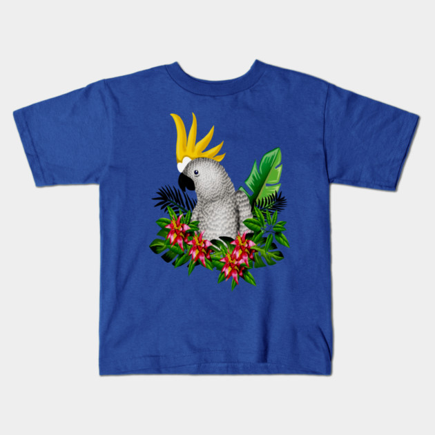 Parrot Tropical Floral White Kids T-Shirt by logiamerch