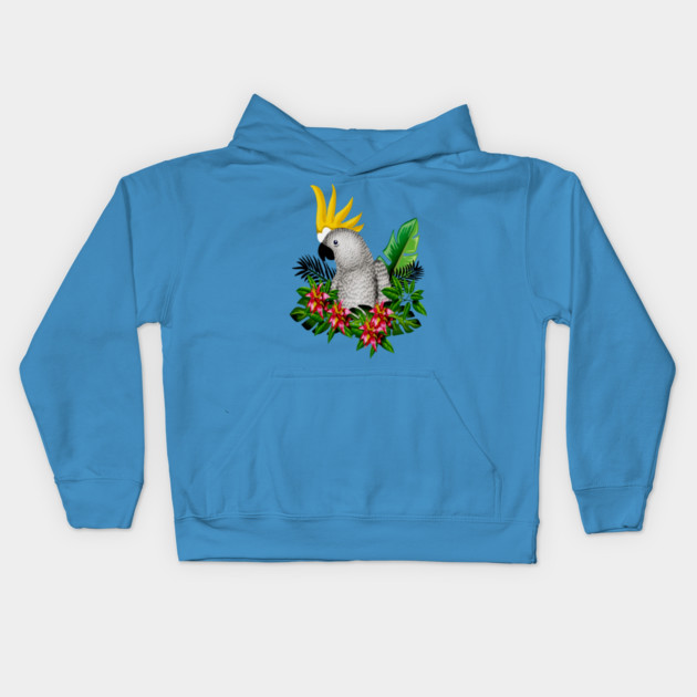 Parrot Tropical Floral White Kids Hoodie by logiamerch