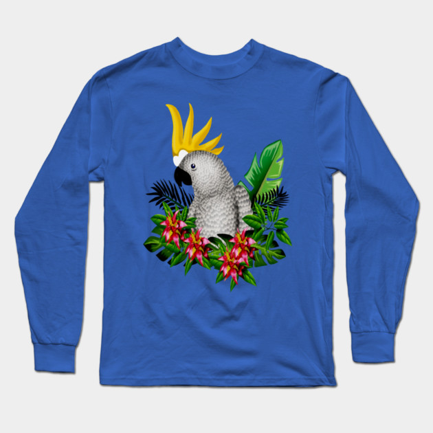 Parrot Tropical Floral White Long Sleeve T-Shirt by logiamerch