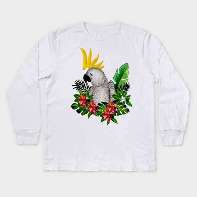 Parrot Tropical Floral White Kids Long Sleeve T-Shirt by logiamerch