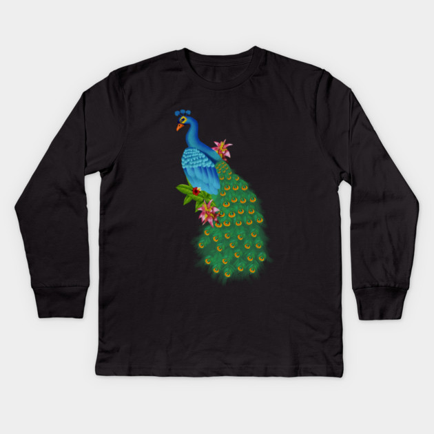 Peacock Tropical Kids Long Sleeve T-Shirt by logiamerch