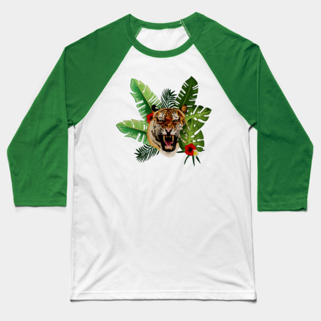 Tropical Tiger Floral Baseball T-Shirt by logiamerch