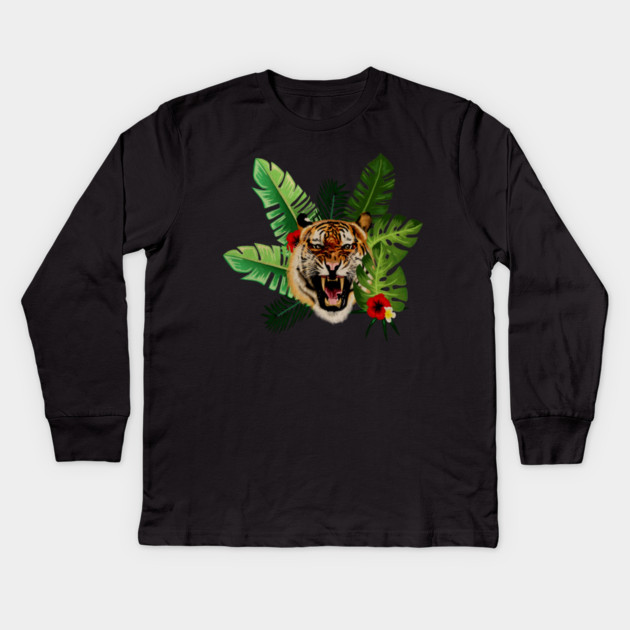 Tropical Tiger Floral Kids Long Sleeve T-Shirt by logiamerch