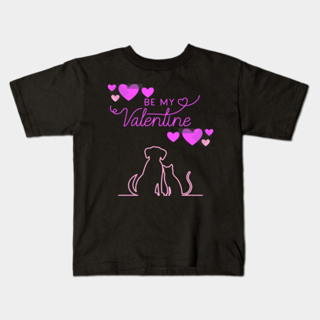 Be My Valentine Dog and Cat, Romance, Romantic Valentines Kids T-Shirt by BirdsnStuff
