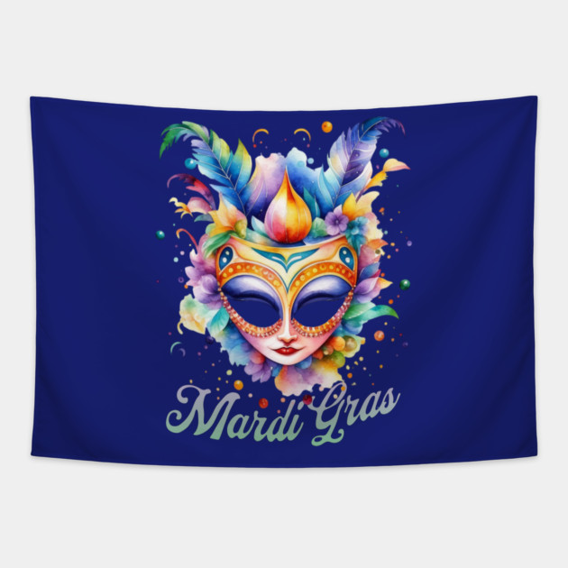 Watercolor Mardi Gras Mask Tapestry by HolidayBug