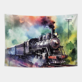 Fantasy illustration of a train barreling down the tracks Tapestry