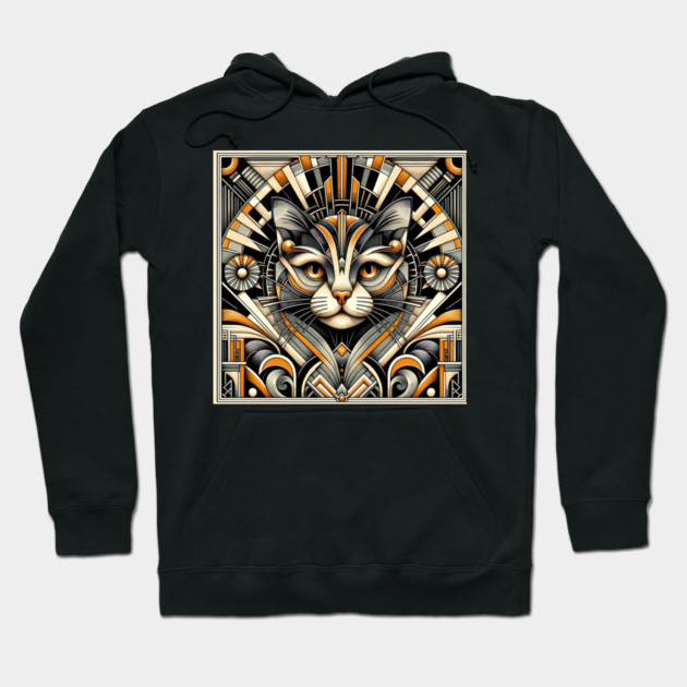 Art Deco Inspired Geometric Cat Portrait - Modern Feline Elegance Artwork Hoodie by KittyKanvas Creations