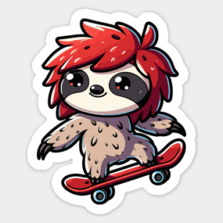 Skateboarding Sloth Manga Style Design - Cool Shaggy Hair Sticker