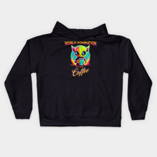 World domination, but first coffee, funny alien Kids Hoodie