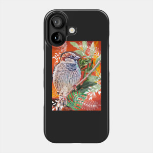 Cute perched white feathered little bird between leaves. Phone Case