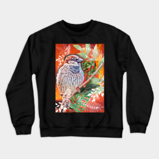 Cute perched white feathered little bird between leaves. Crewneck Sweatshirt