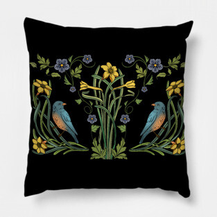 Art Nouveau Bluebirds, Sunflowers And Daffodils Pillow